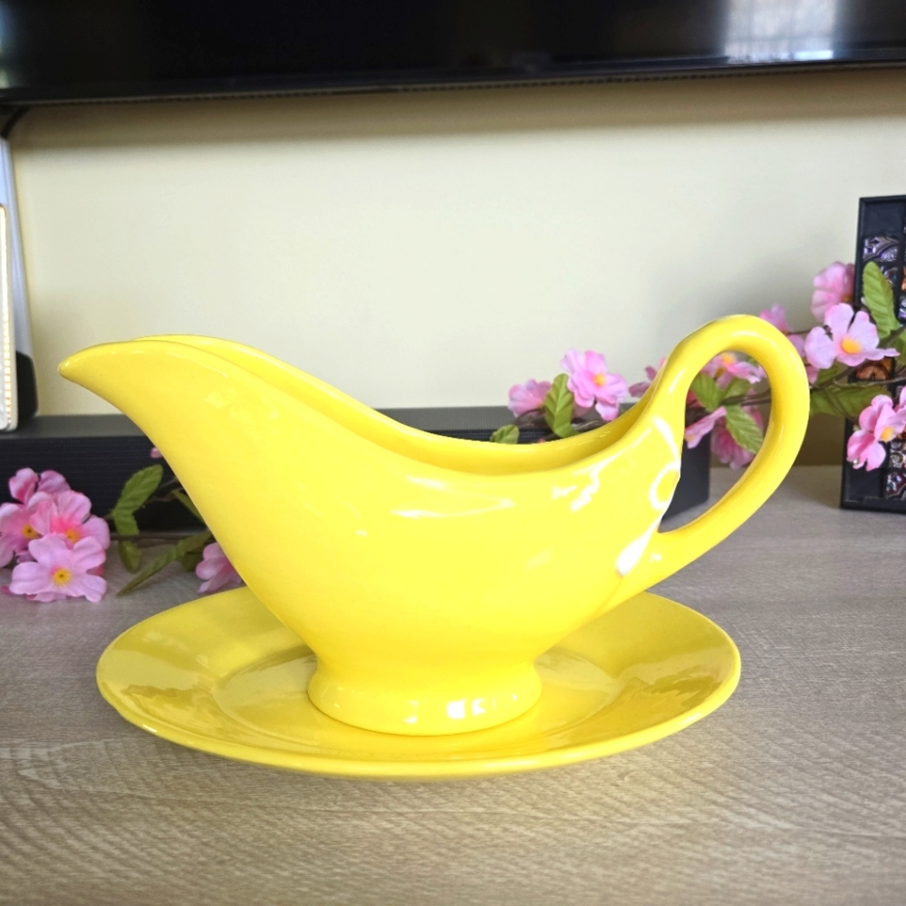 Handcrafted Bright Yellow Gravy Boat with White Bow and Dish